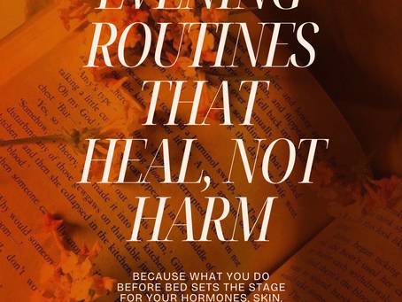 Open book with orange flowers and text overlay: "Evening routines that heal, not harm." Warm, cozy ambiance. Text: "@byaleora".