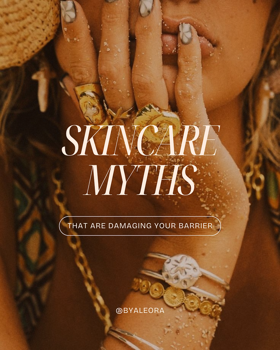 Close-up of a person's hand with sandy fingers touching lips. Text: Skincare Myths. Warm tones, gold jewelry, tropical vibe.