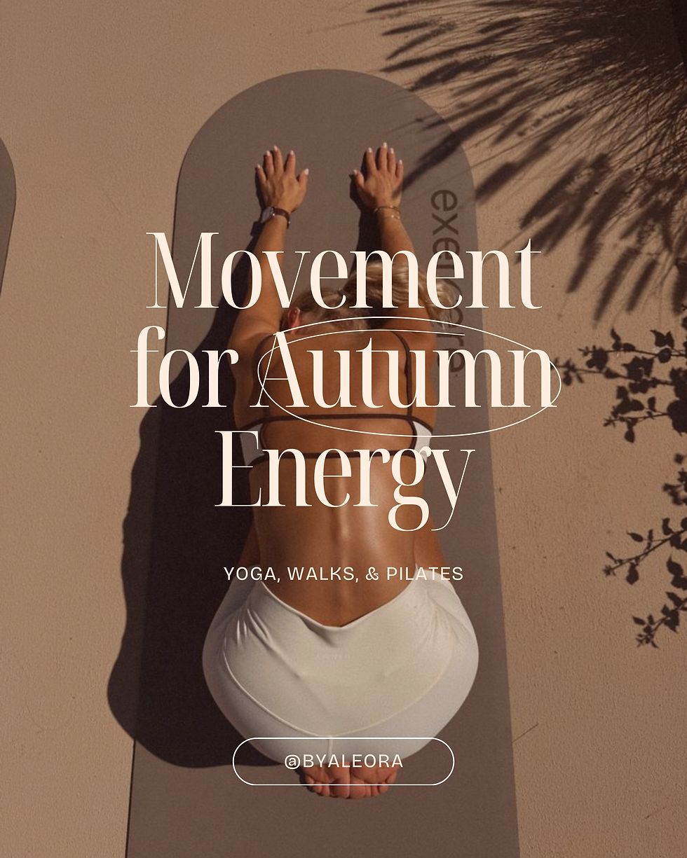 Woman on yoga mat in child's pose outdoors, casting a shadow. Text reads: "Movement for Autumn Energy: Yoga, Walks, & Pilates @BYALEORA."