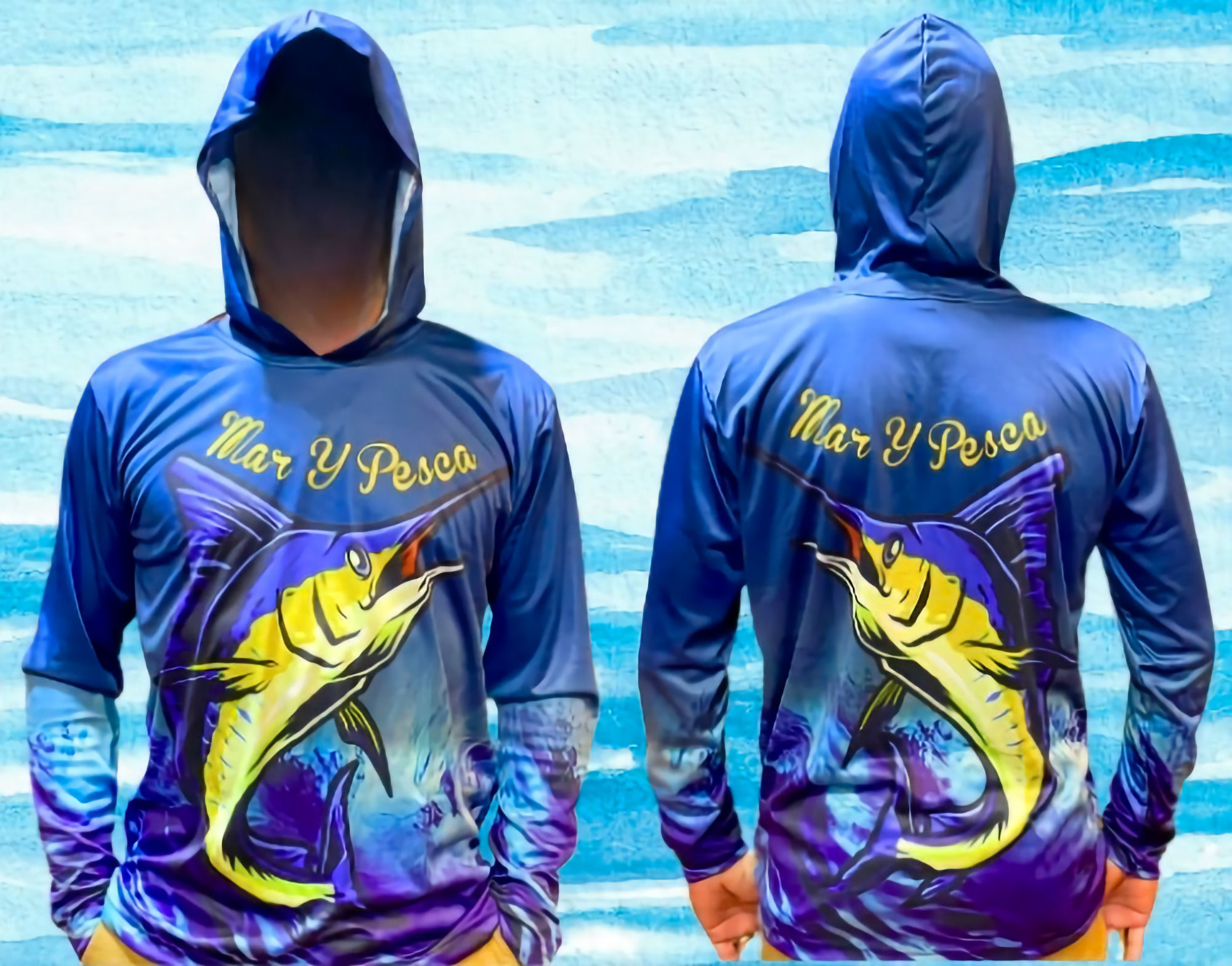Sailfish long sleeve fishing shirt with hoodie and Mar Y Pesca logo