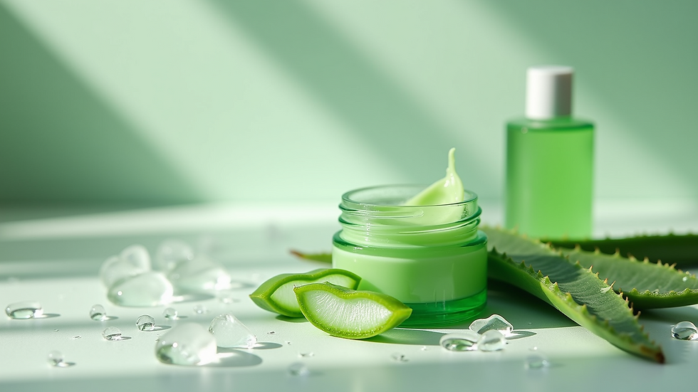 High angle view of soothing aloe vera gel and skincare products
