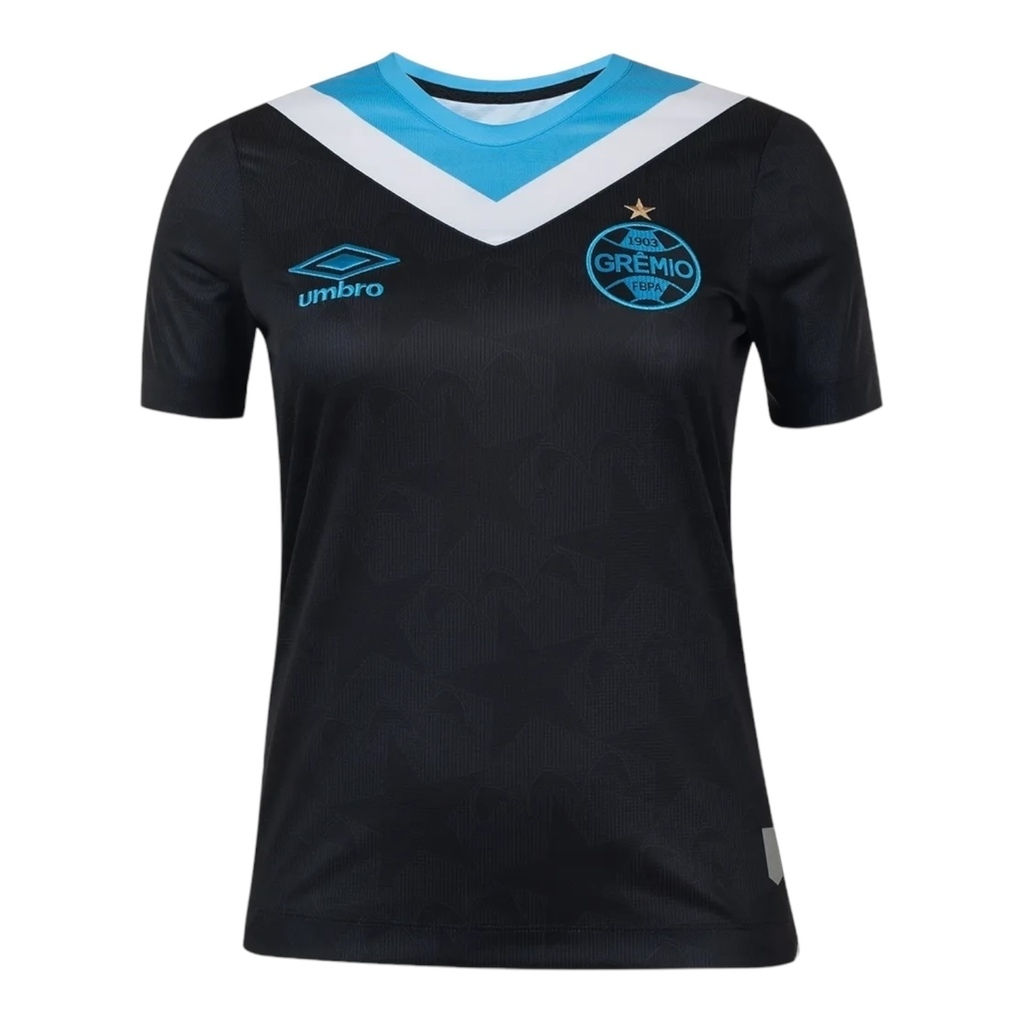 Camisa Grêmio III 24/25 - Torcedor Umbro Feminina - Preta com detalhes em azul e
