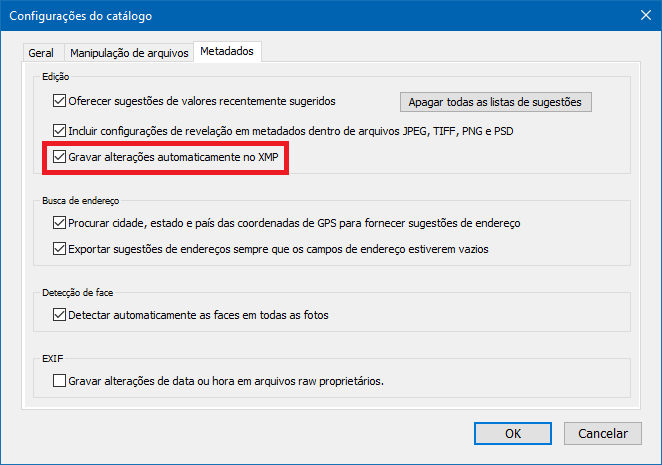print screen da janela configurações do catálogo do lightroom, na aba metadados