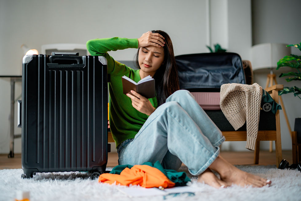Woman sitting on the floor surounded by suitcases. She's looking in her notebook and look a little flustered