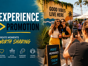 People enjoying an outdoor summer brand experience while taking photos and creating content, with bold messaging that reads “Experience > Promotion” and “Create Moments Worth Sharing,” illustrating experiential marketing and audience engagement.
