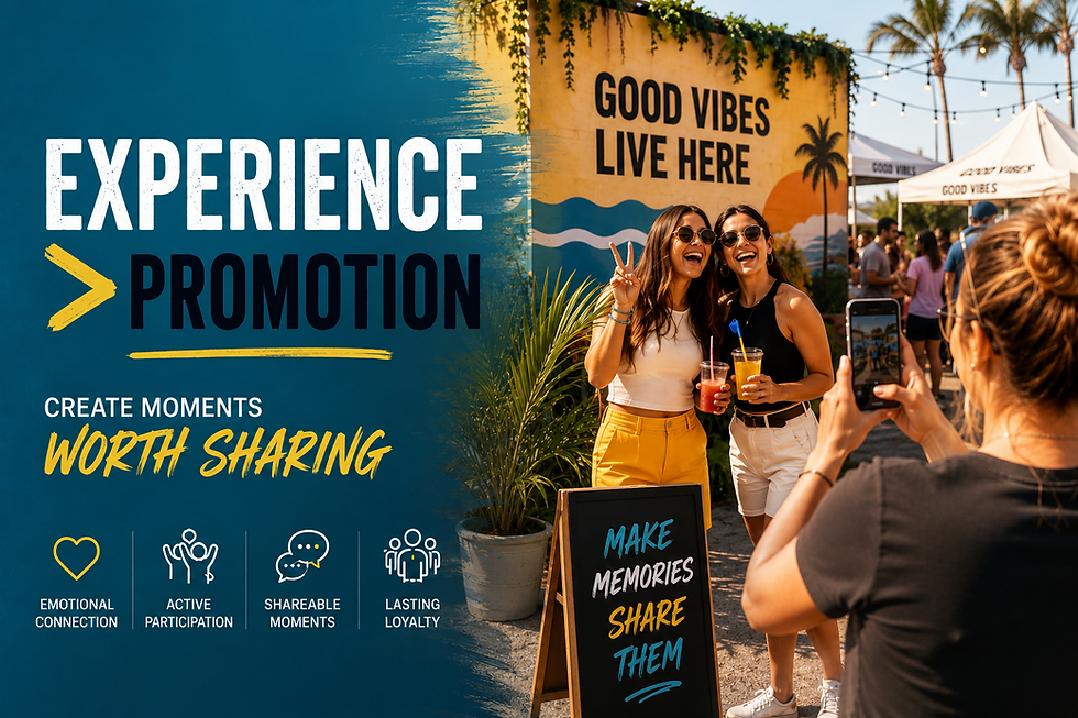 People enjoying an outdoor summer brand experience while taking photos and creating content, with bold messaging that reads “Experience > Promotion” and “Create Moments Worth Sharing,” illustrating experiential marketing and audience engagement.