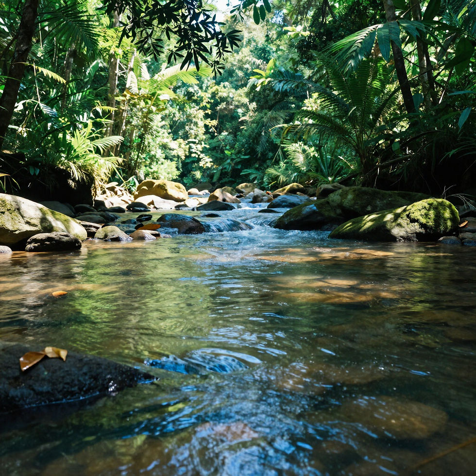 Rio raso em floresta tropical, com pedras cobertas de musgo e água cristalina sob luz do sol.