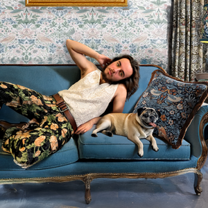 Model photo of a man and his dog enjoy William Morris