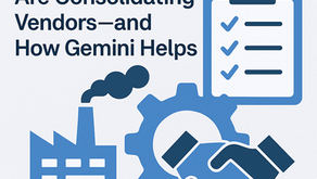 Graphic with the headline “Why Manufacturers Are Consolidating Vendors—and How Gemini Helps” in bold blue text. On the right, icons depict a checklist on a clipboard, a handshake, a gear, and a factory with a smokestack, all in blue tones against a light gray background with subtle wavy patterns.