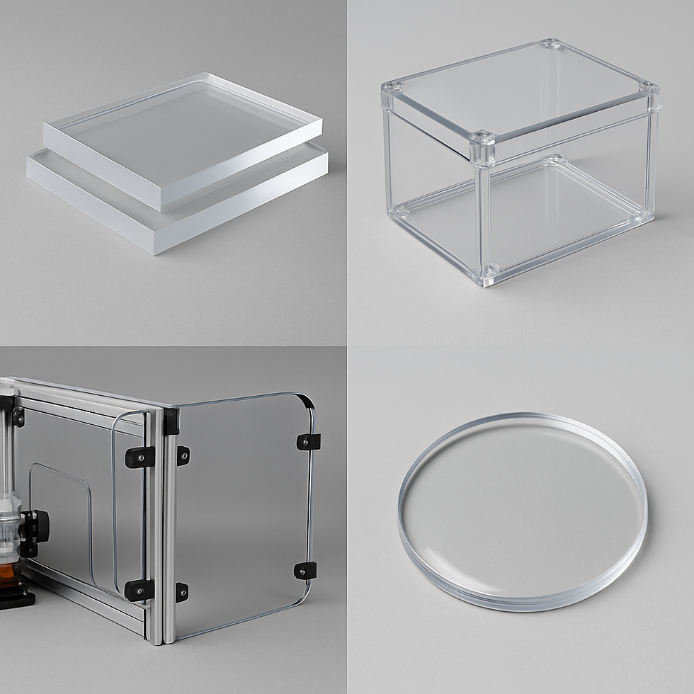 Acrylic sheets and enclosure above, polycarbonate machine guard and round lens below, all displayed on a neutral background for industrial product comparison.