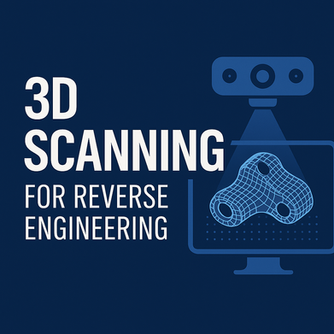 Minimalist blue graphic showing “3D Scanning for Reverse Engineering” text beside an icon of a 3D scanner projecting onto a wireframe mechanical part, representing precision scanning technology.