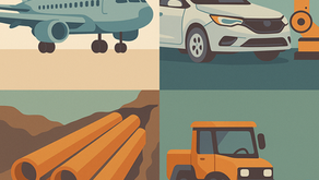 Animated-style illustration in four panels showing an airplane, a robotic arm assembling a car, orange utility pipes underground, and an orange snowplow truck, representing industries served by Gemini Plastics.