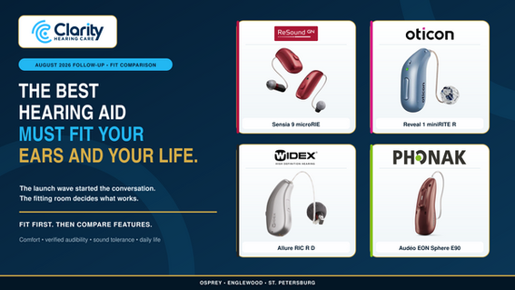 Clarity Hearing Care comparison graphic showing ReSound Sensia 9, Oticon Reveal 1, Widex Allure, and Phonak Audéo EON Sphere hearing aids beside the headline The Best Hearing Aid Must Fit Your Ears and Your Life.