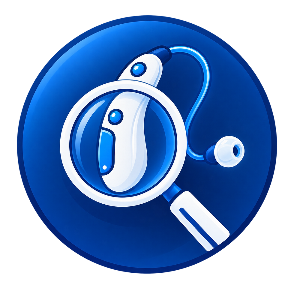 Design icon showing hearing aid and magnifying glass