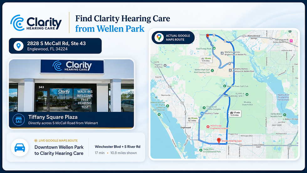 Detailed route overview from Wellen Park to Clarity Hearing Care in Tiffany Square Plaza, Englewood, using West Villages Parkway, Manasota Beach Road, Winchester Boulevard, and South McCall Road.Link image to live directions: https://www.google.com/maps/dir/?api=1&origin=Downtown+Wellen+Park,+FL&destination=2828+S+McCall+Rd+Ste+43,+Englewood,+FL+34224&travelmode=driving