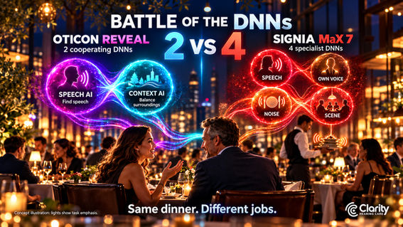 Concept illustration of Oticon Reveal's Speech and Context DNNs versus Signia MaX's Speech, Own Voice, Noise and Scene DNNs, with a restaurant conversation and Clarity logo.