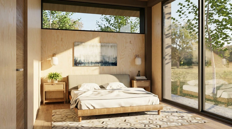 Light-filled guest bedroom in a modular home concept with warm wood walls, neutral bedding, large windows, natural textures, and connection to the outdoors.
