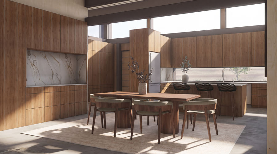 Open dining, kitchen, and entry concept for a modular home with warm wood cabinetry, central dining table, marble-look surfaces, high windows, and natural light.