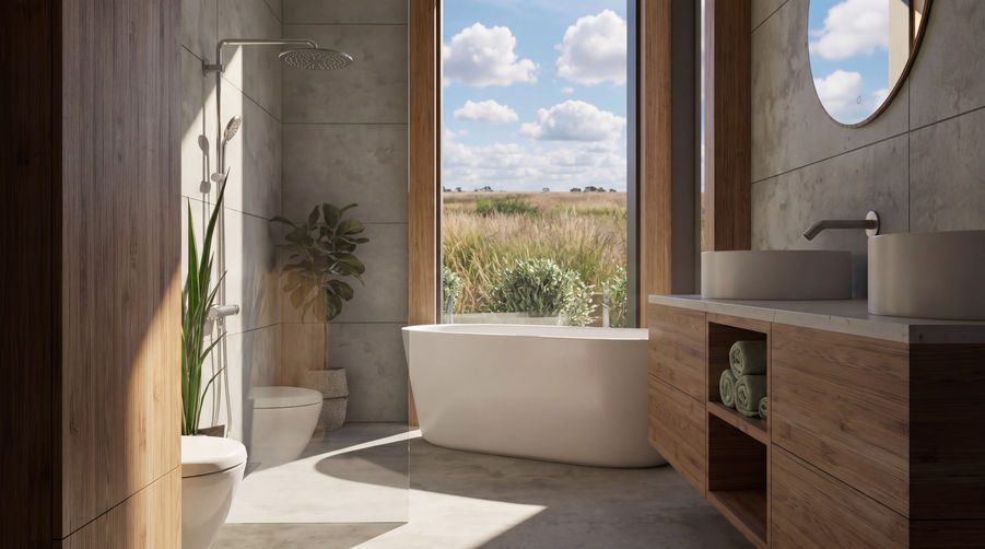 Primary bathroom concept with freestanding tub, walk-in shower, warm wood vanity, stone-look tile, large window, and natural landscape views.