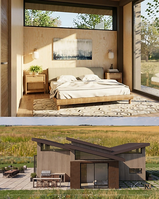 Split image showing the exterior side view and guest bedroom of a non-combustible modular home concept, featuring natural exterior finishes, warm wood interior materials, large windows, neutral bedding, and a strong connection to the surrounding landscape.