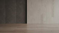 Interior design material palette with neutral wood flooring, textured wall finishes, and soft natural tones.