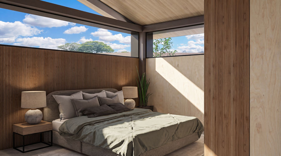 Primary bedroom concept with warm wood wall panels, neutral bedding, large windows, layered textures, and natural light throughout the space.