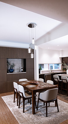 Whistler duplex dining area with wood table, white upholstered leather chairs, glass pendant lights, custom dark brown wood slatted bar wall, and warm residential interior modern finishes.