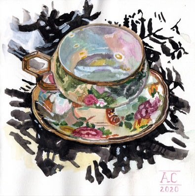 Amanda's teacup with thrifty dress