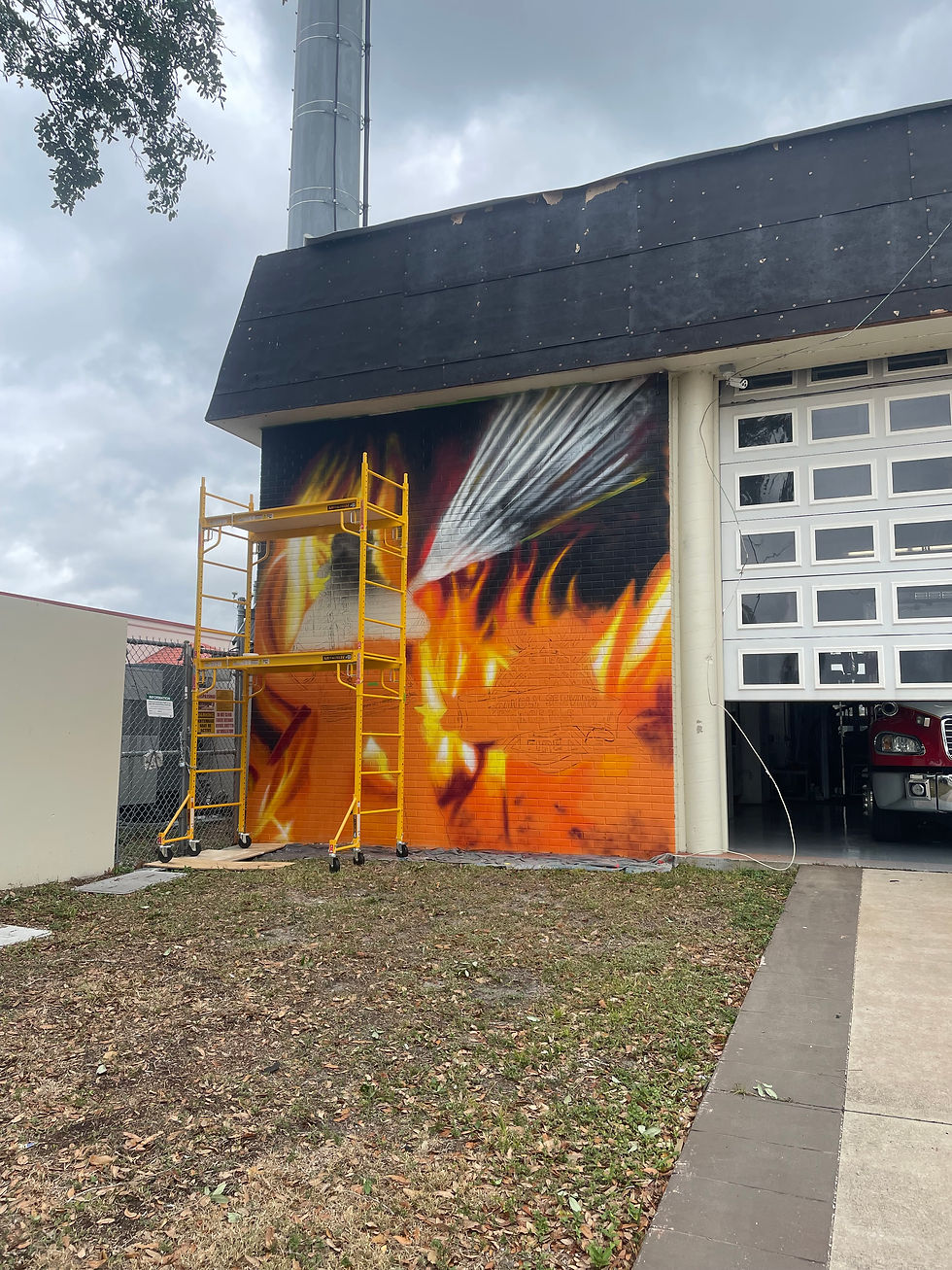In progress of "Everyone Comes Home" a mural for Temple Terrace Fire Station #1 by Tampa Artist Ashley Cassens