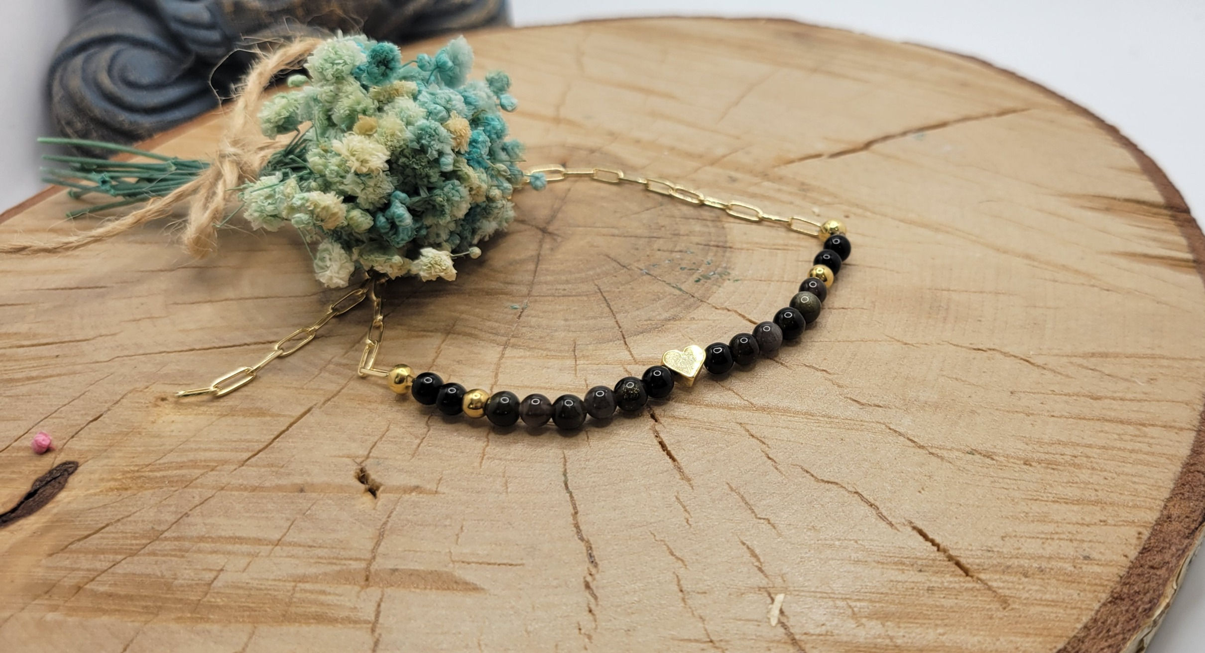 Bracelet de cheville obsidienne or