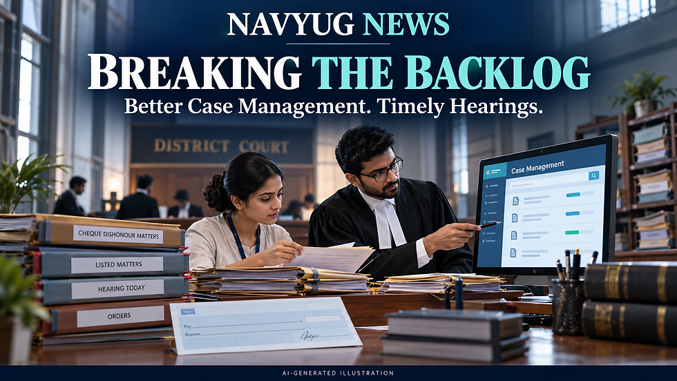 AI-generated illustration of a court clerk and advocate reviewing cheque-dishonour files and a case-management screen.