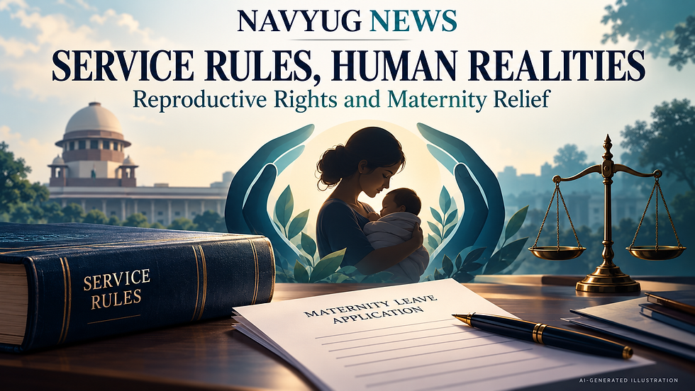AI-generated illustration of a service-rules book, maternity-leave application and protected mother-and-infant silhouette beside justice scales.