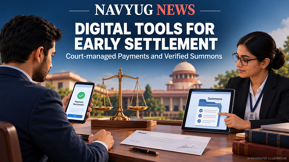 AI-generated illustration of a litigant and court support professional viewing a generic payment confirmation and summons documents.