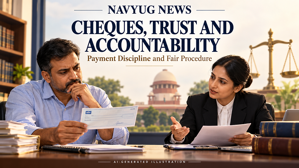 AI-generated illustration of a small-business owner reviewing a cheque and documents with a legal adviser beside justice imagery.