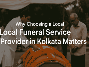 Funeral service scene in Kolkata with people arranging marigold garlands on a coffin, symbolizing local funeral care and compassion.