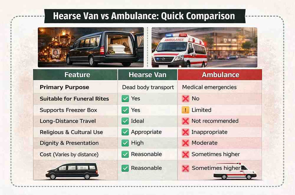Infographic comparing hearse van vs ambulance for dead body transport, showing purpose, freezer box support, funeral suitability, dignity, and cost differences.
