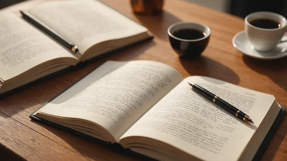 Eye-level view of an open journal with a pen on a table