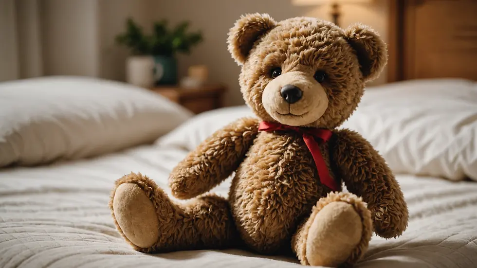 Close-up of a worn teddy bear on a bed