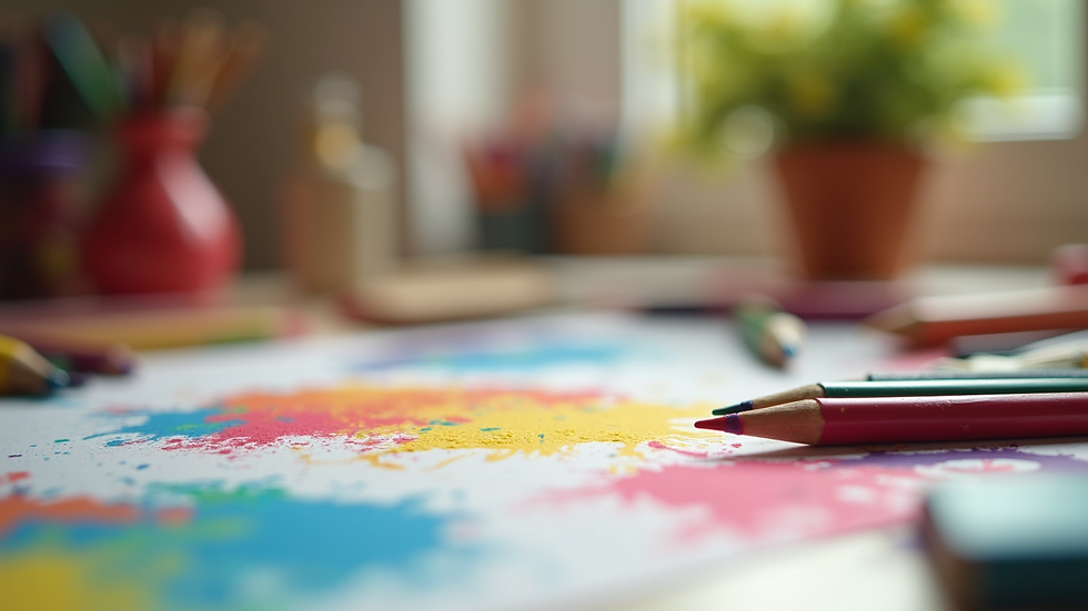 Close-up view of colourful children’s art supplies on a table