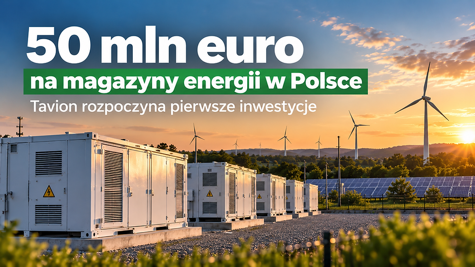 Kontenery magazynów energii i wiatraki o zachodzie; napis: 50 mln euro na magazyny energii w Polsce, Tavion rozpoczyna inwestycje