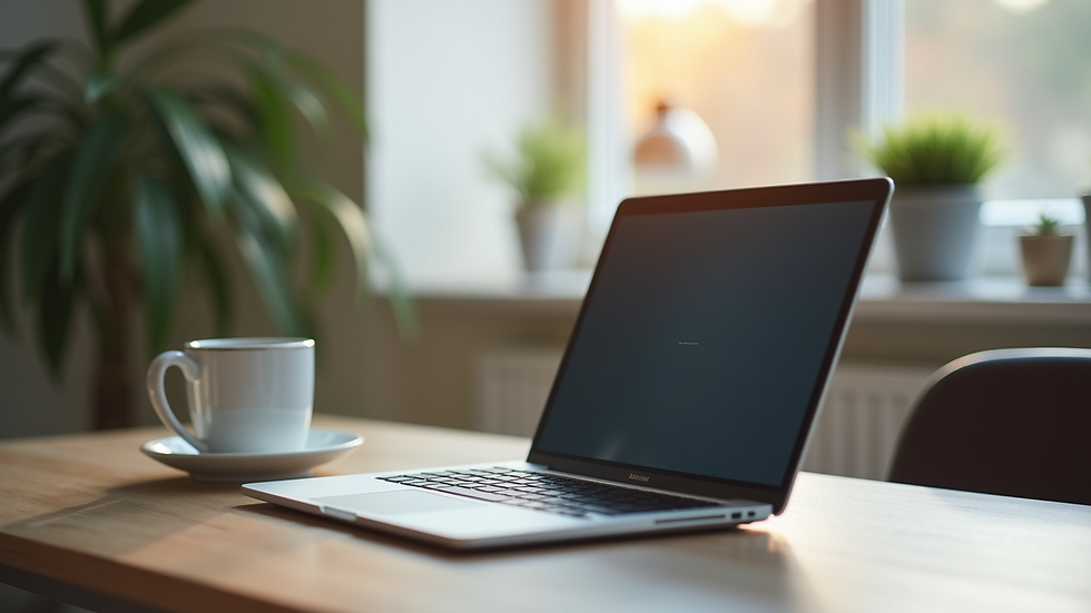 Vue en plongée d’un bureau avec un ordinateur portable et une tasse de café