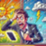 Un homme paniqué qui regarde la météo sur son téléphone alors que le temps dehors change de façon chaotique.