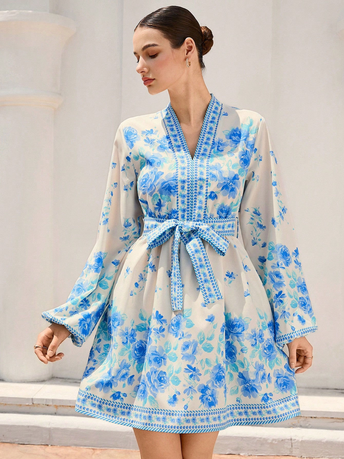 Lulu Elegant Floral Print Long Sleeve Dress with Belted Waist