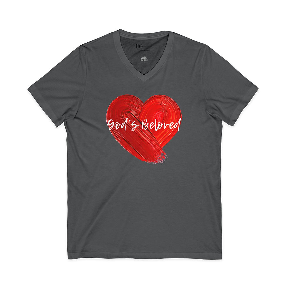 थंबनेल: God's Beloved V-Neck Tee — Red Heart Christian Faith Shirt