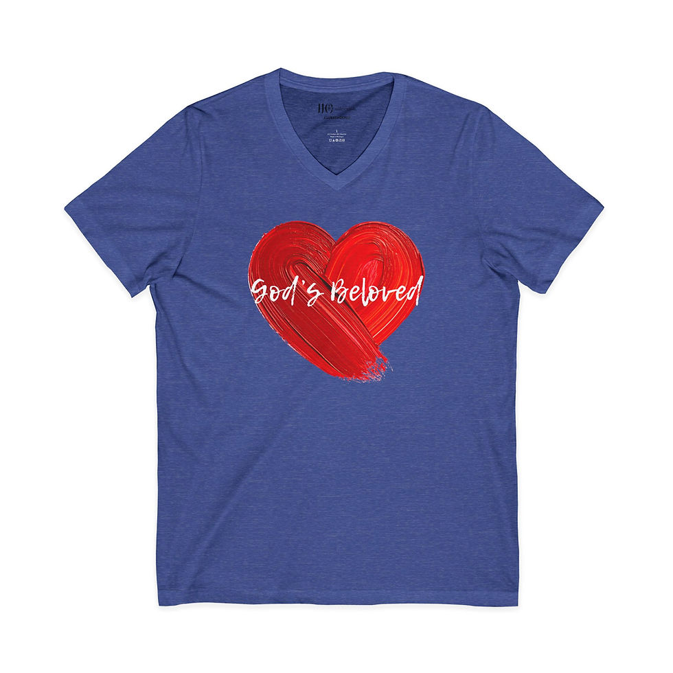थंबनेल: God's Beloved V-Neck Tee — Red Heart Christian Faith Shirt