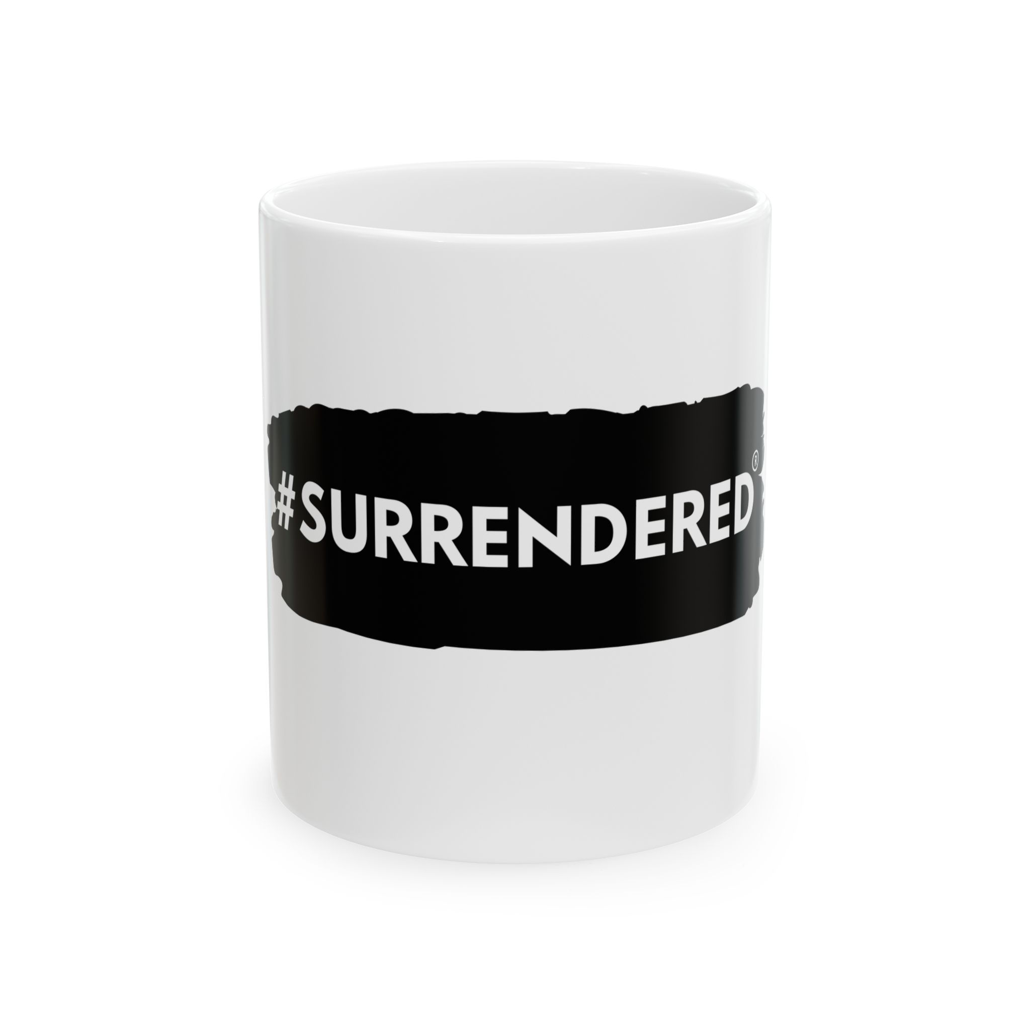SURRENDERED mug | ceramic coffee cup, bold black stripe text