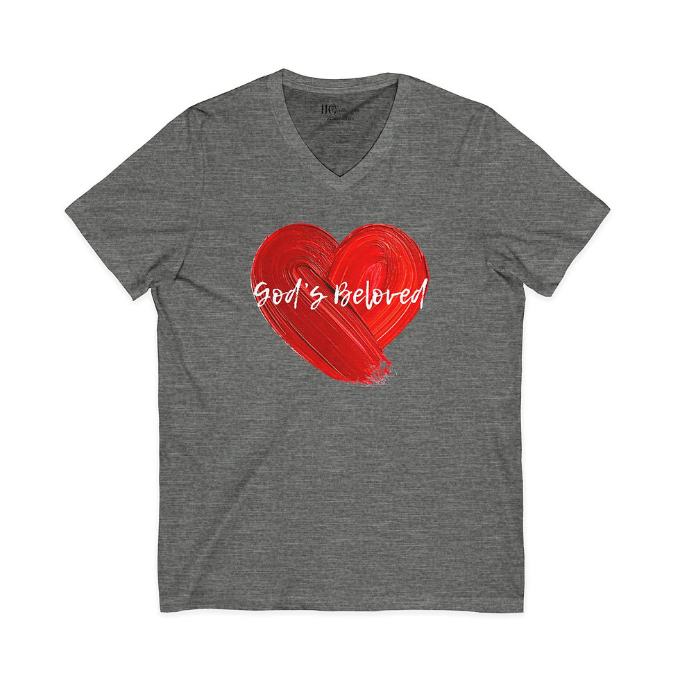 Miniatura: God's Beloved V-Neck Tee — Red Heart Christian Faith Shirt