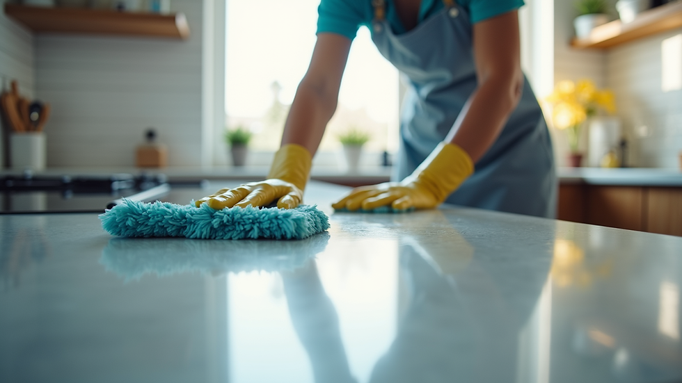 Eye-level view of a professional cleaner scrubbing a kitchen countertop