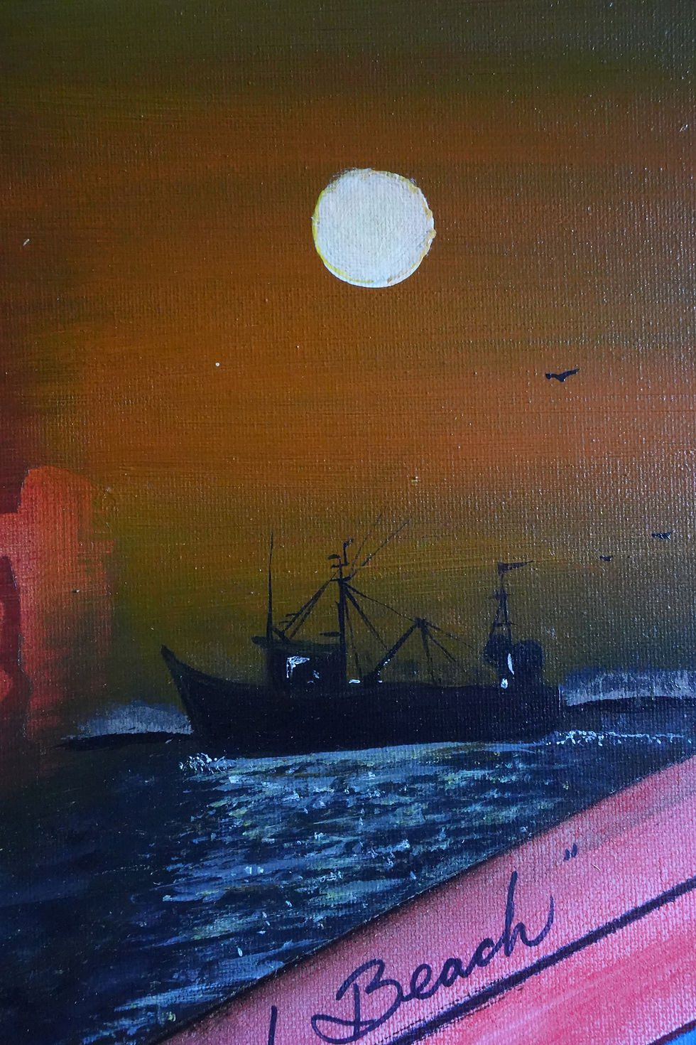 Thumbnail: Abstract 16x20 Acrylic painting of East Beach boat and sign.
