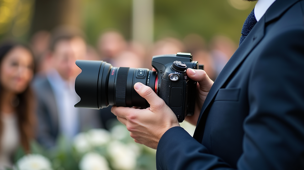 Close-up view of a wedding photographer adjusting camera settings at a ceremony